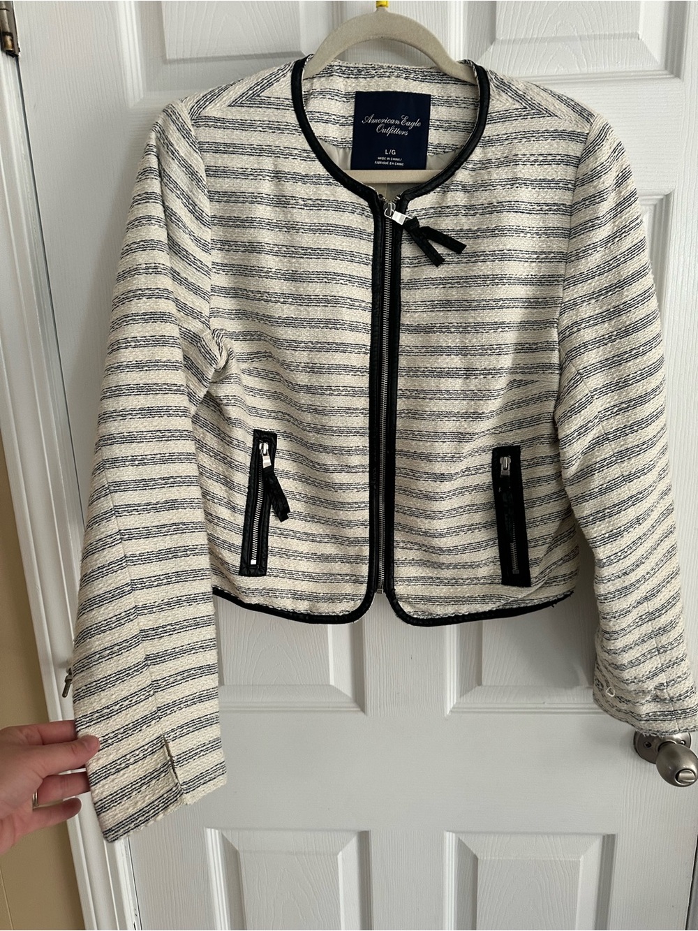 American Eagle Outfitters Women's Cream & Navy Striped Zip-Front Jacket